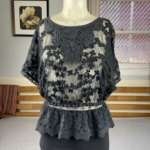 Flying Tomato Sheer Embroidered Blouse Women’s S Black Boho Hippie Fairy Gypsy